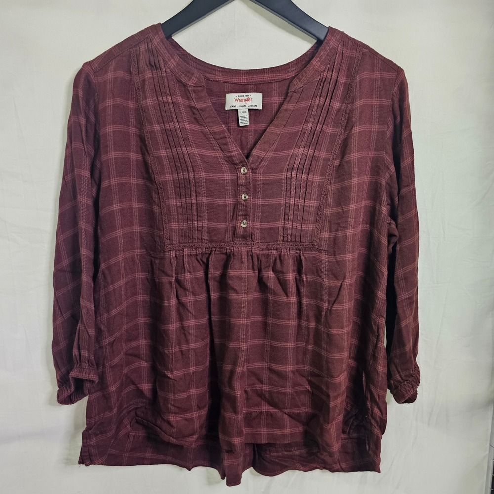 Wrangler Womens‎ Burgundy Plaid Babydoll Peasant Blouse Maroon Large